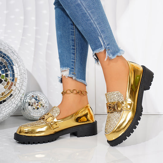 Damen Lackloafer mit glitzernder Vorderkappe, Schlupfdesign und profilierter Plateausohle Shop Nory