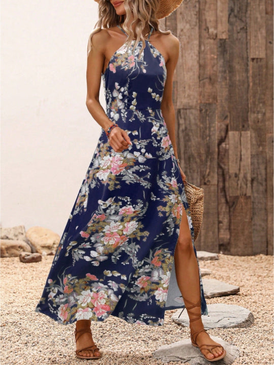 Damen Maxikleid mit elegantem Halter-Ausschnitt und floralem Design