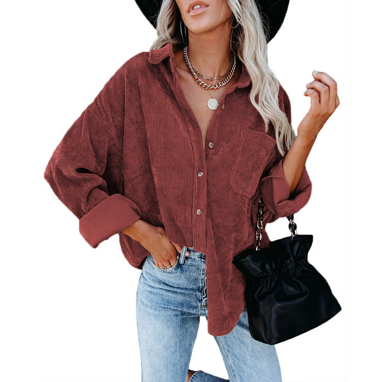 Damen Oversize Cordhemdjacke mit Brusttasche und durchgehender Knopfleiste Shop Nory