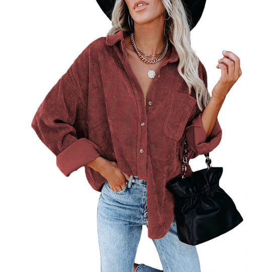 Damen Oversize Cordhemdjacke mit Brusttasche und durchgehender Knopfleiste Shop Nory