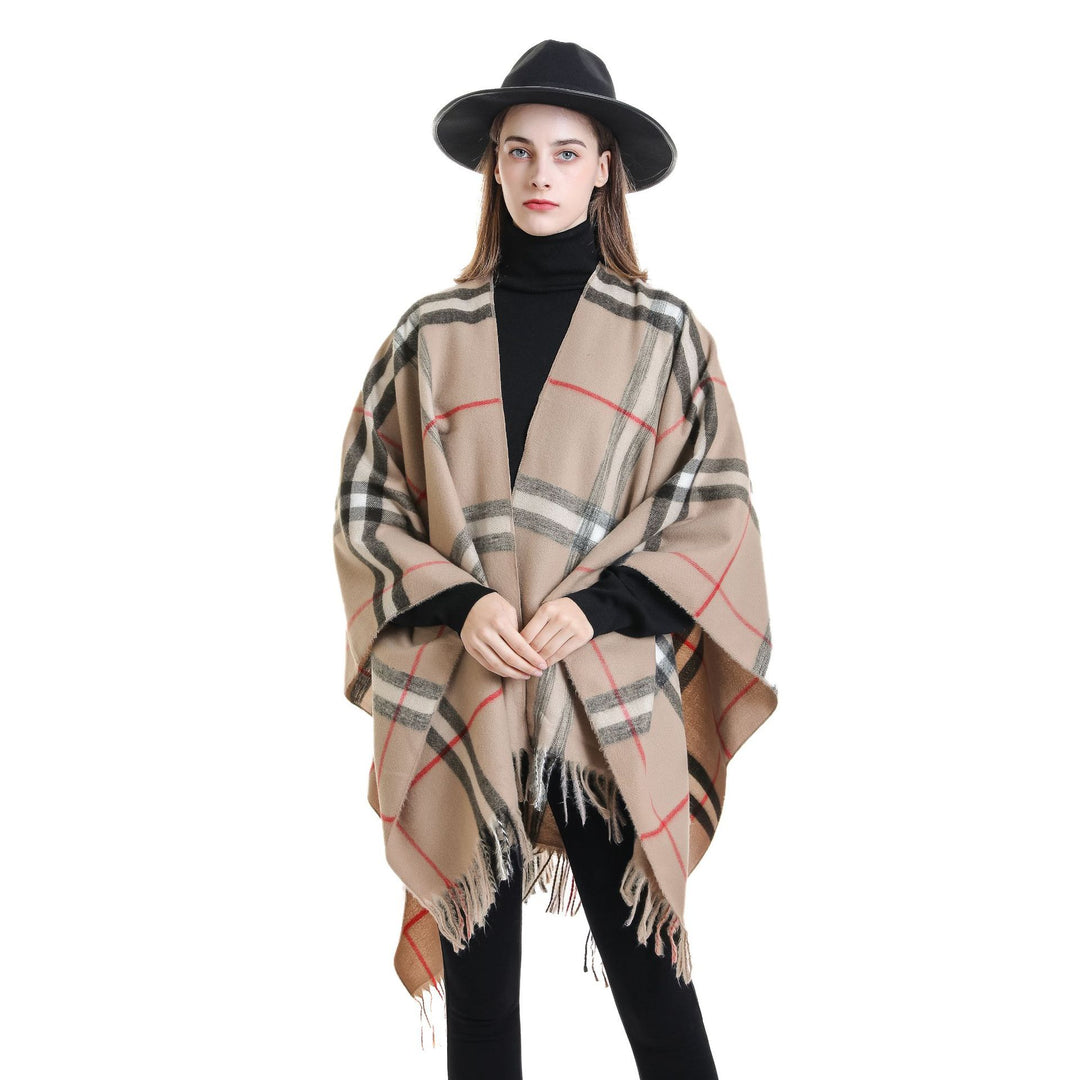 Damen Weit geschnittener Karierter Poncho mit Fransen und V‑Ausschnitt Shop Nory