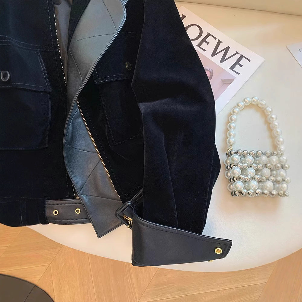 Damen Modische samtige Übergangsjacke mit Lederakzenten Shop Nory