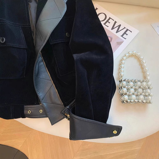 Damen Modische samtige Übergangsjacke mit Lederakzenten Shop Nory