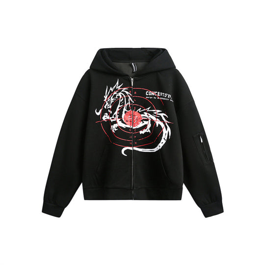 Unisex Oversize Kapuzen-Zipjacke mit Drachenprint und Ärmeltasche Shop Nory