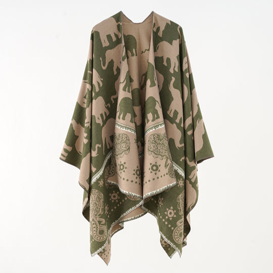 Damen Jacquard‑Ruana mit Elefantenmotiv und ornamentaler Bordüre Shop Nory