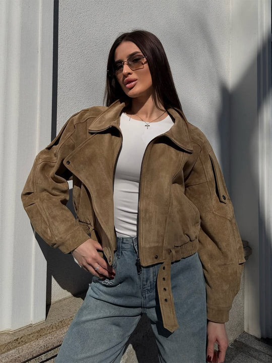 Damen Kurz geschnittene Wildleder-Bomberjacke mit Gürtel & Oversize-Ärmeln Shop Nory