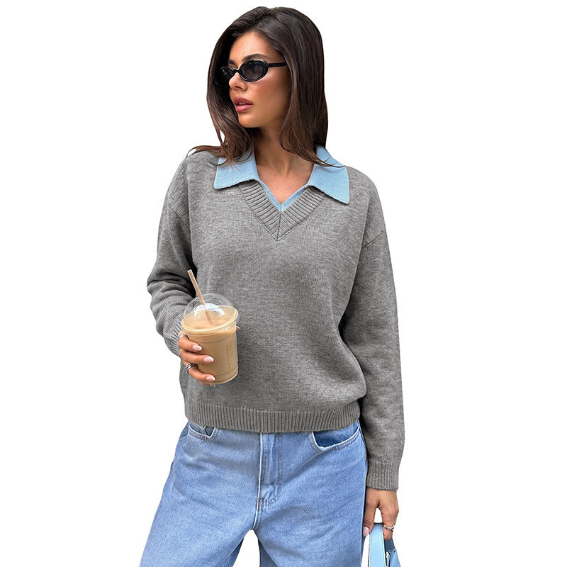 Damen Eleganter V-Ausschnitt Pullover mit Hemdkragen Shop Nory