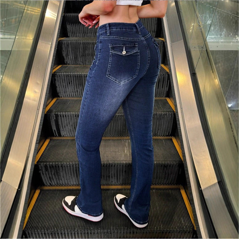 Damen Hochtaillierte Stretch-Jeans mit leichtem Flare und dekorativen Taschen Shop Nory