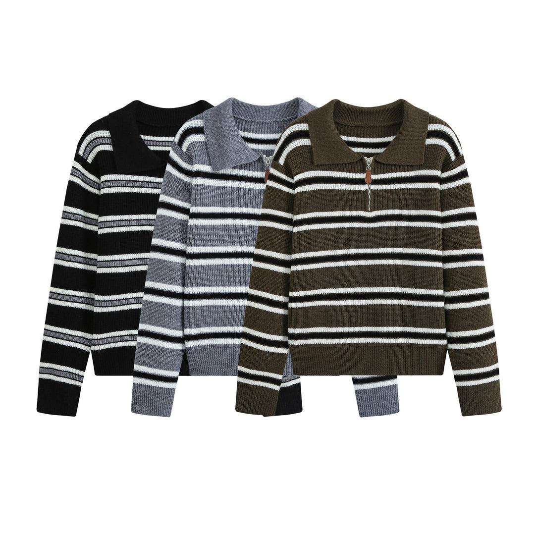 Damen Gestreifter Strickpullover mit Polokragen und Halbreißverschluss Shop Nory