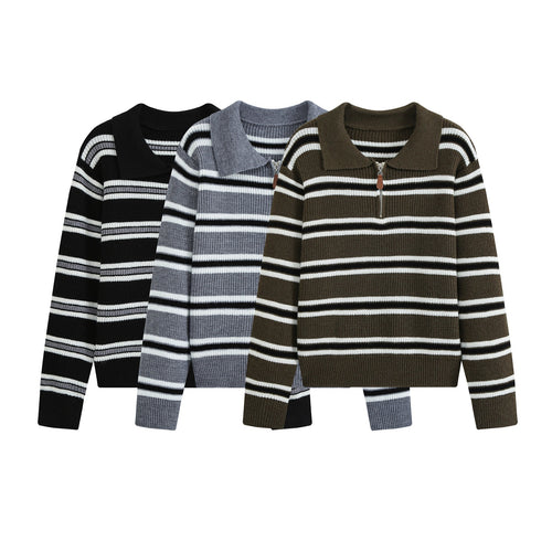 Damen Gestreifter Strickpullover mit Polokragen und Halbreißverschluss Shop Nory