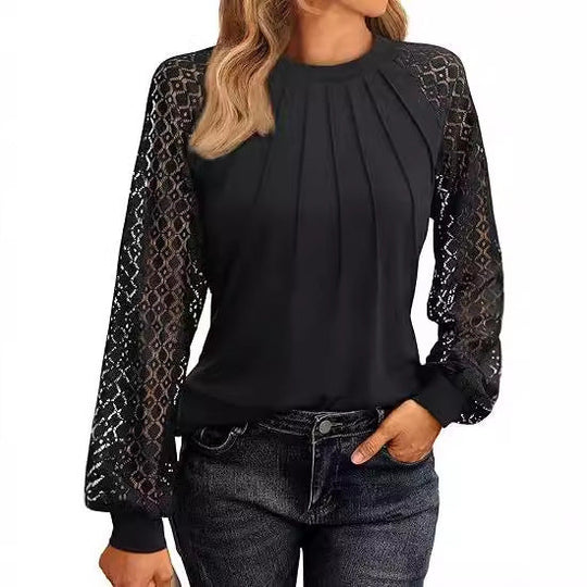 Damen Elegantes Oberteil mit dekorativen Spitzenärmeln und gerafftem Detail