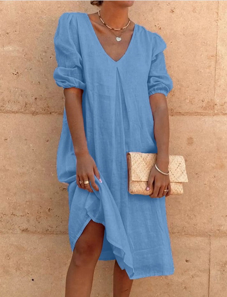 Damen lässiges Leinenkleid mit V-Ausschnitt und Puffärmeln