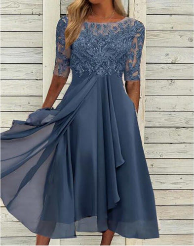 Damen Elegantes Midikleid mit Spitzenärmeln und schwingendem Rock