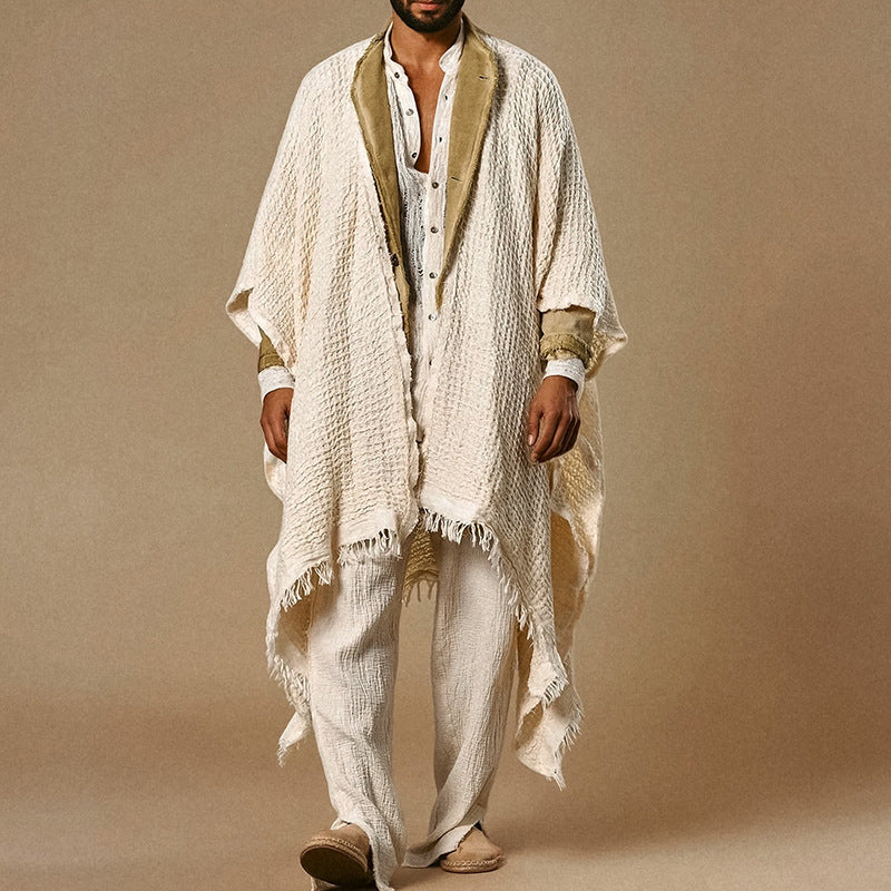 Herren weit geschnittener Baumwoll-Leinen Poncho mit Fransen und offener Front Shop Nory