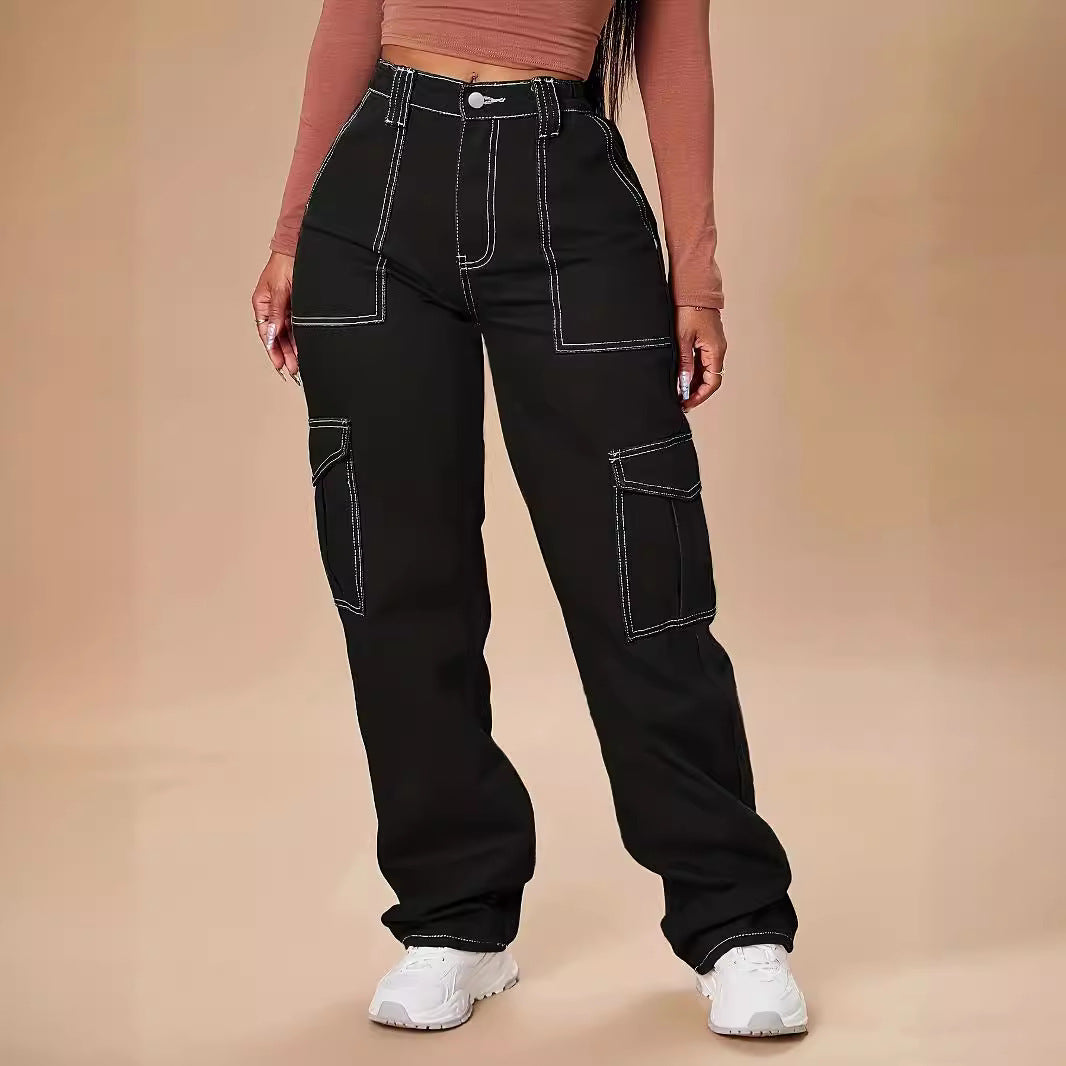 Damen Utility-Cargo-Hose mit weitem Bein, hoher Taille und kontrastierenden Ziernähten Shop Nory