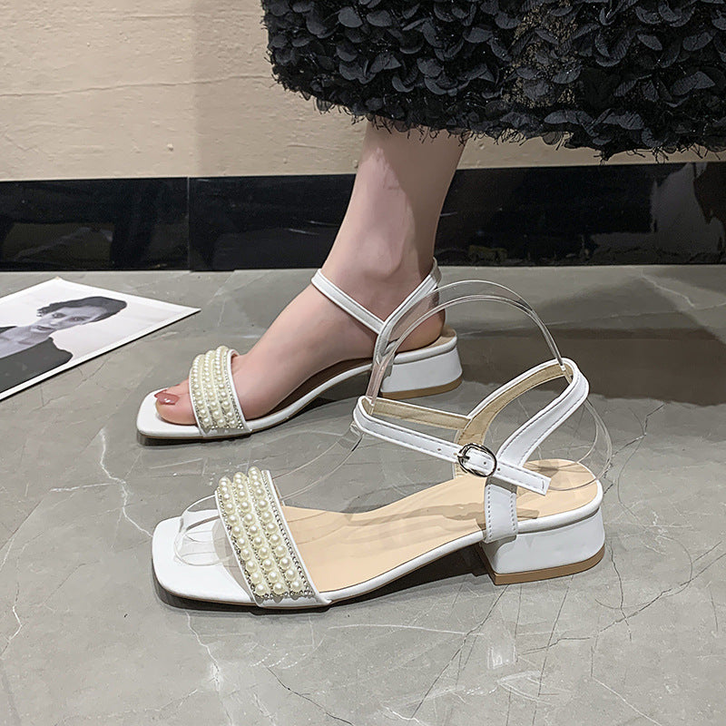 Damen elegante Sandalen mit Perlenverzierung und niedrigem Blockabsatz