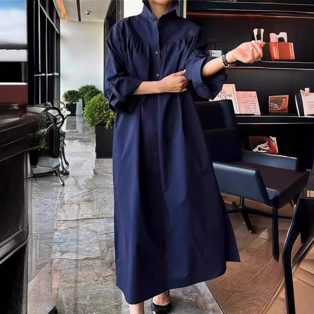 Damen Maxikleid im Oversize-Hemdstil mit Stehkragen, Schulterpasse und Eingrifftaschen Shop Nory
