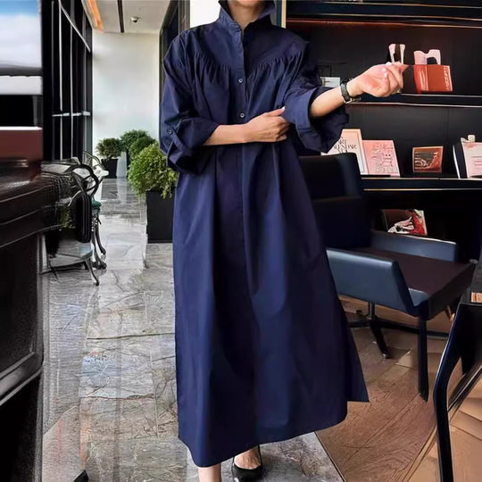 Damen Maxikleid im Oversize-Hemdstil mit Stehkragen, Schulterpasse und Eingrifftaschen Shop Nory