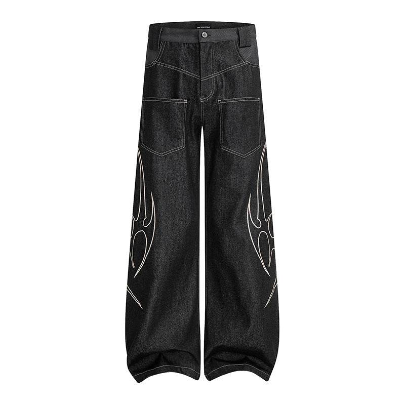 Damen Weite High‑Waist Denim‑Cargohose mit Flammenstickerei und aufgesetzten Taschen Shop Nory