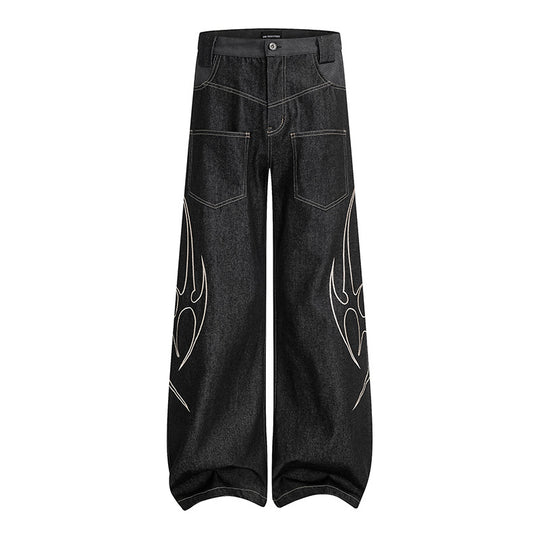 Damen Weite High‑Waist Denim‑Cargohose mit Flammenstickerei und aufgesetzten Taschen Shop Nory