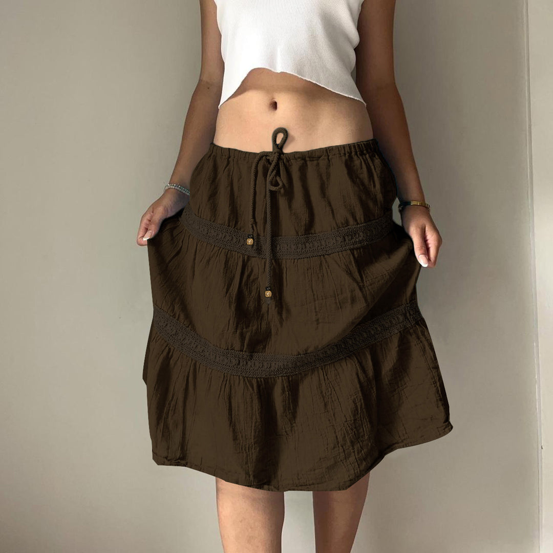 Damen nan gestufter Boho-Midirock mit elastischem Kordelbund und Häkelband-Details Shop Nory