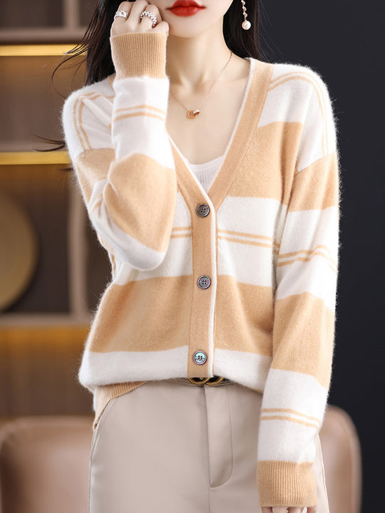 Damen Midilanger Feinstrick-Cardigan mit breiten Blockstreifen, V-Ausschnitt und gerippten Bündchen Shop Nory