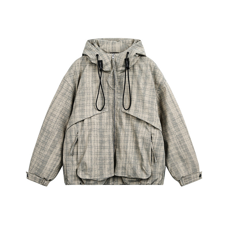 Unisex Oversize Utility Kapuzenjacke mit Karomuster und Kordelzug Shop Nory