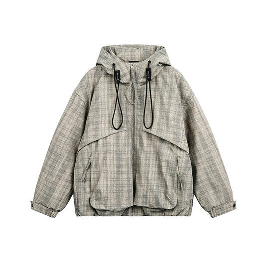 Unisex Oversize Utility Kapuzenjacke mit Karomuster und Kordelzug Shop Nory