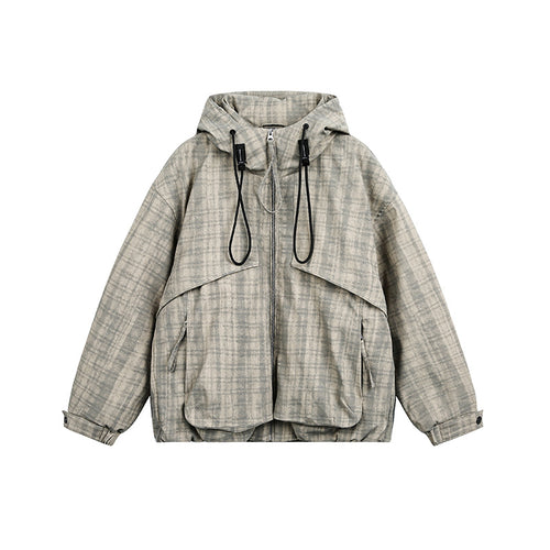 Unisex Oversize Utility Kapuzenjacke mit Karomuster und Kordelzug Shop Nory