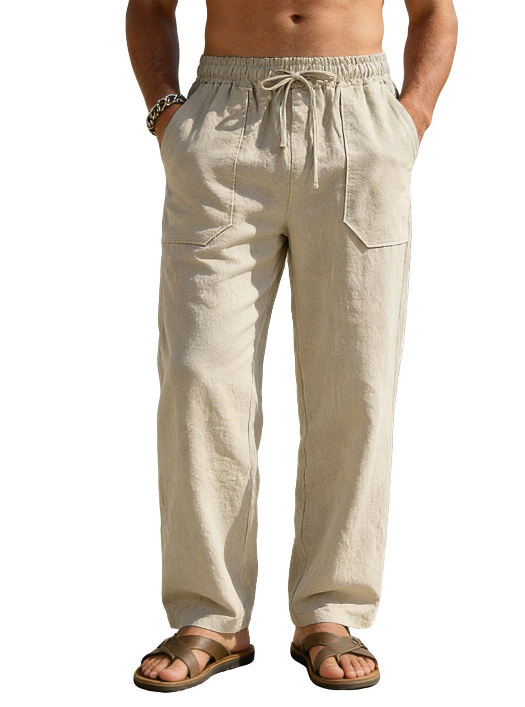 Herren nan weite Relaxhose aus Leinen-Mix mit Kordelbund und aufgesetzten Beintaschen Shopnory