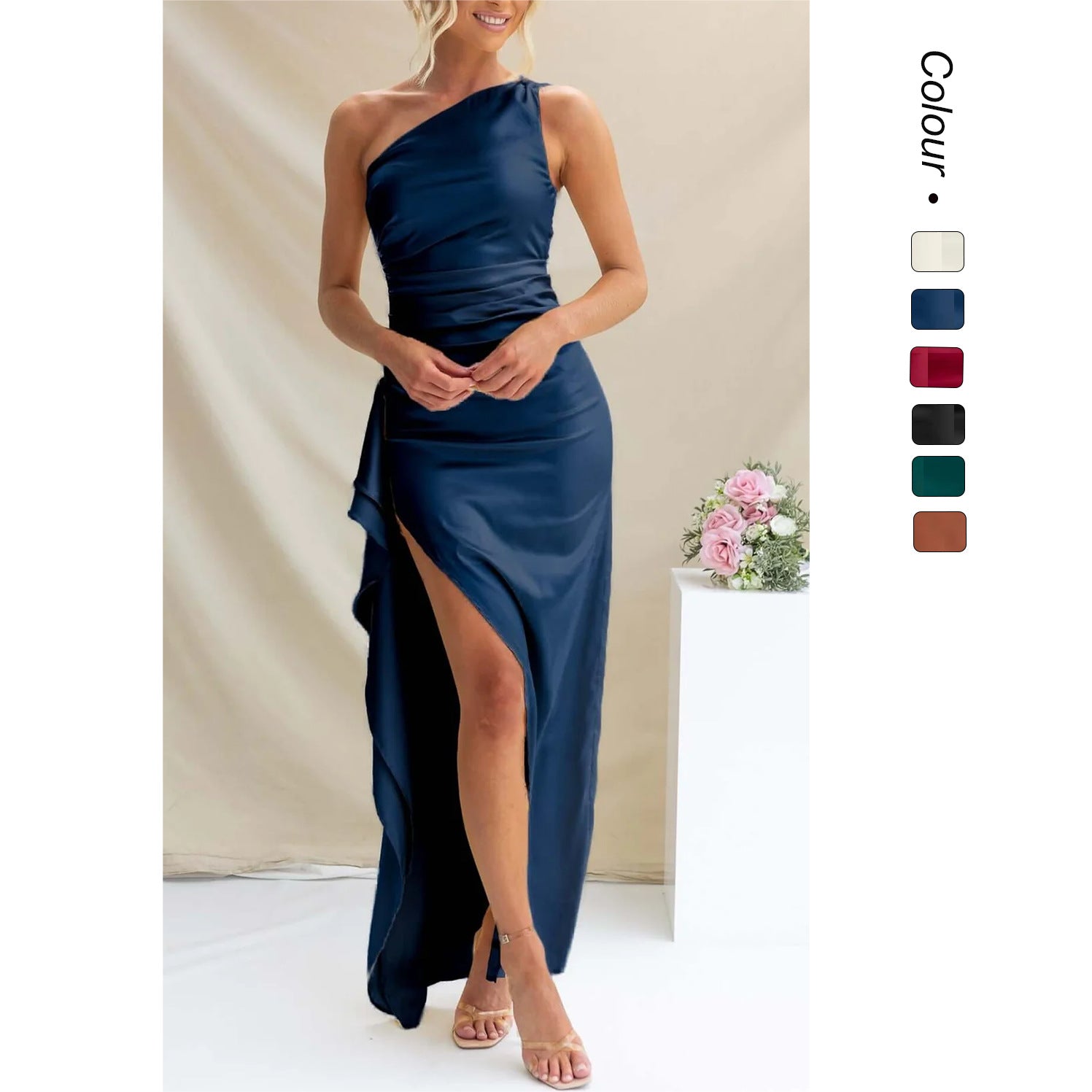Damen One-Shoulder Maxikleid mit seitlichem Schlitz und elegantem Drapierungen