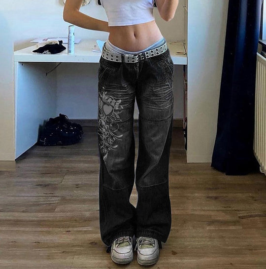Damen Weit geschnittene Jeans mit einzigartigem Design und prominentem Druck