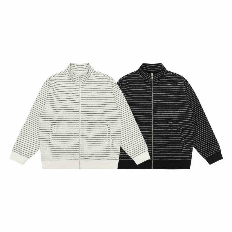 Unisex Gestreifte Strick-Zipjacke mit Stehkragen und aufgesetzten Eingrifftaschen Shop Nory