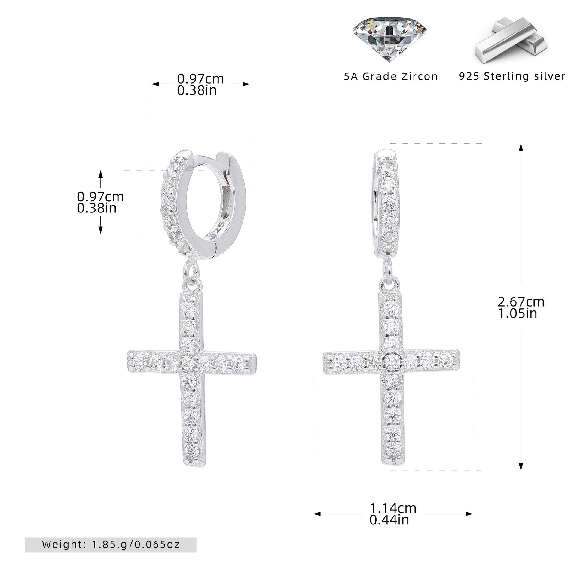Damen Ohrringe mit Kreuzanhänger aus 925 Sterling Silber und Zirkonia Shop Nory