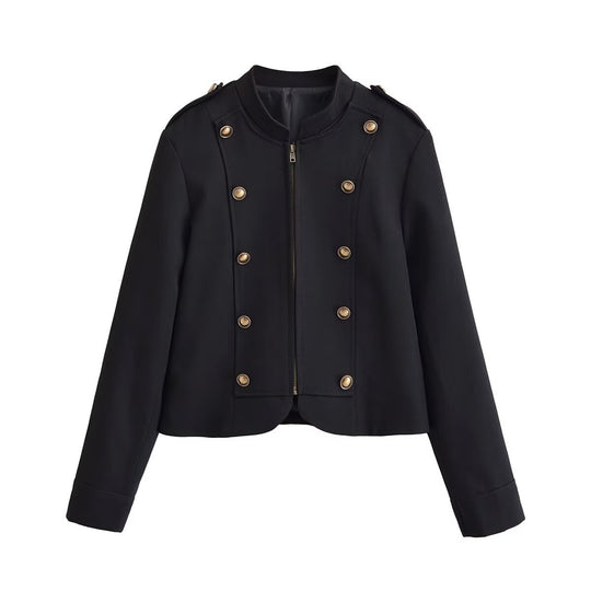 Damen taillierte Kurzjacke im Militärstil mit dekorativer Doppelknopfleiste, Reißverschluss und Schulterpatten Shop Nory