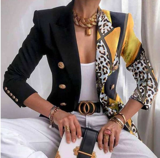 Damen Taillierter Doppelreihiger Blazer mit markanter Schulter, Goldknöpfen und Glitzer-Ombré Shop Nory