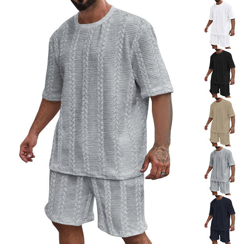 Herren nan entspanntes Zopfstrick-Freizeitset mit weitem Kurzarmshirt und elastischer Bermuda