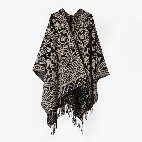 Damen Grobgewebter Rechteck‑Poncho mit orientalischem Medaillon‑Jacquard und dekorativem Fransensaum Shop Nory