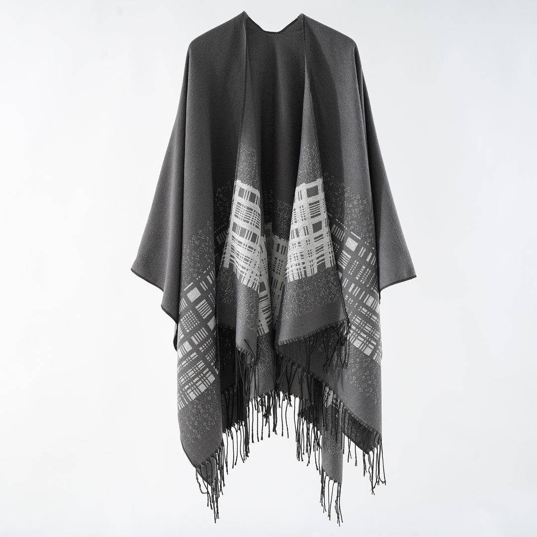 Damen Wollmix-Schulterponcho mit Jacquardmuster und Fransensaum Shop Nory