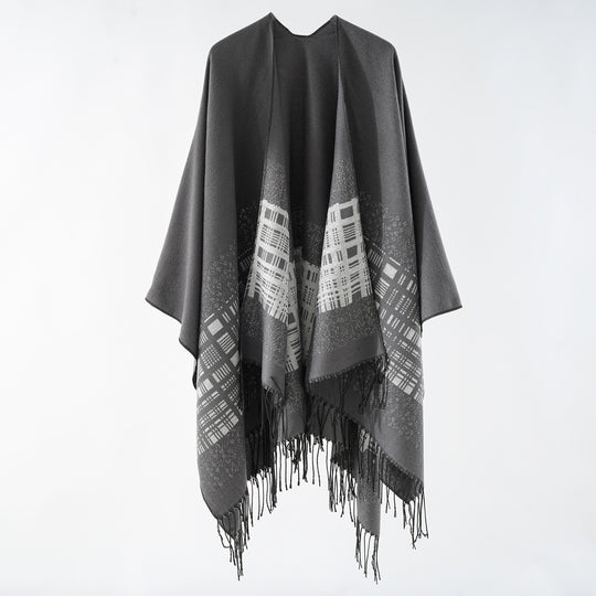 Damen Wollmix-Schulterponcho mit Jacquardmuster und Fransensaum Shop Nory
