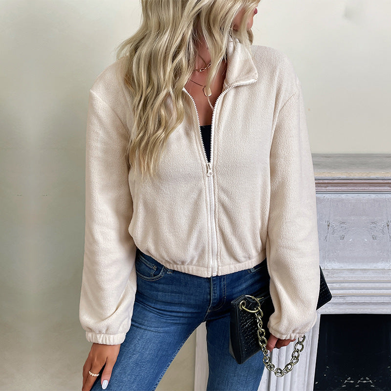 Damen Kurz geschnittene Fleece-Zipjacke mit Stehkragen und elastischem Saum Shop Nory