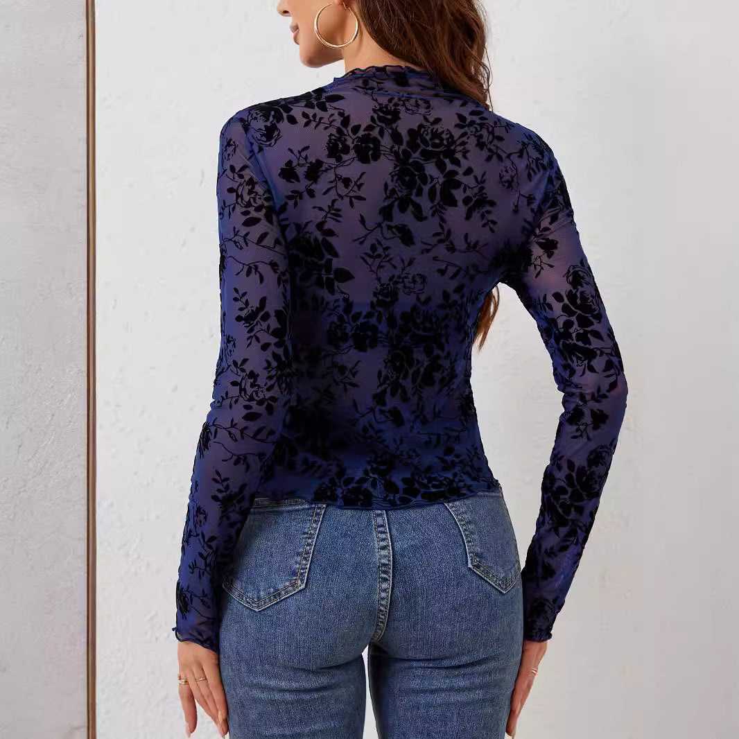 Damen nan transparentes Netzoberteil mit samtigem Floraldruck und Stehkragen