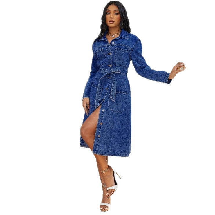 Damen Midikleid aus Denim mit Taillengürtel und durchgehender Knopfleiste Shop Nory