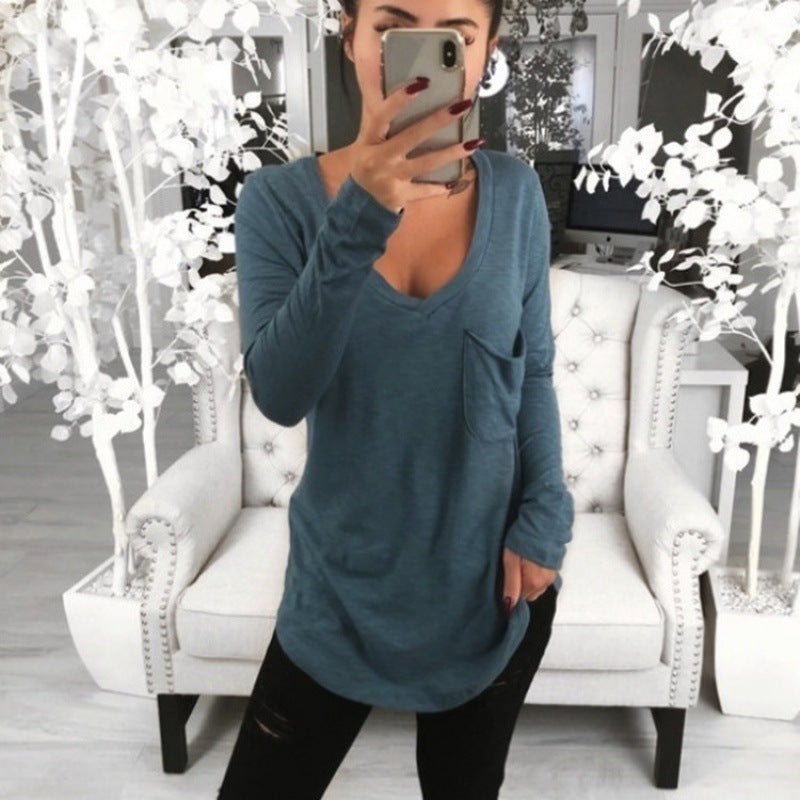 Damen Lässige Oversize Tunika mit V‑Ausschnitt, Brusttasche und verlängertem Saum Shop Nory