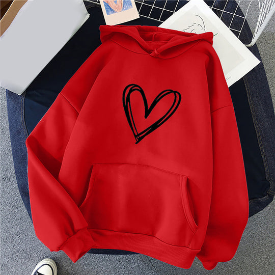 Damen nan oversized Kapuzenpullover mit handgezeichnetem Herzprint, Kängurutasche und weichem Fleece-Innenfutter Shop Nory