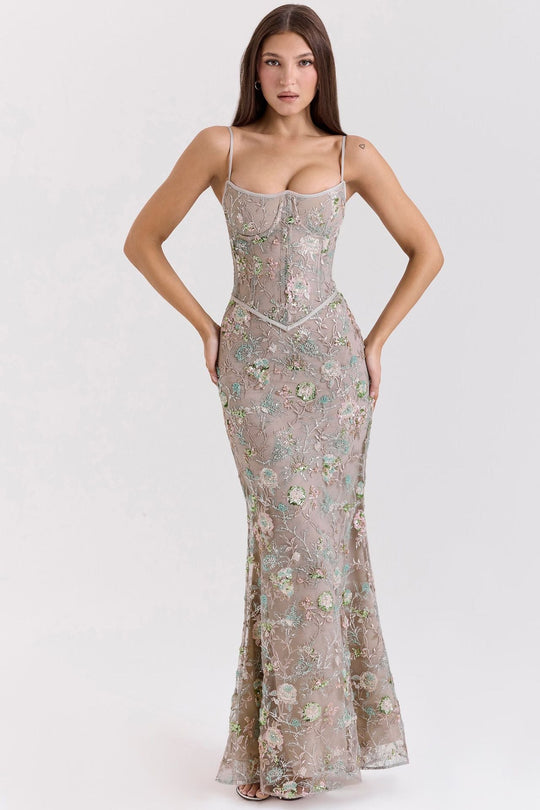 Damen nan elegantes besticktes Abendkleid mit Korsettoberteil und transparentem Spitzenüberzug