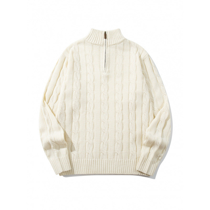 Unisex Grobgestrickter Halbreißverschluss-Zopfmuster-Pullover mit Stehkragen und gerippten Abschlüssen Shop Nory