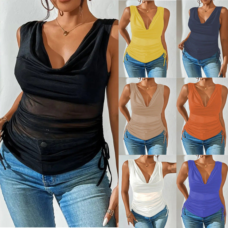 Damen Ärmelloses drapiertes V-Ausschnitt Top mit seitlicher Raffung Shop Nory