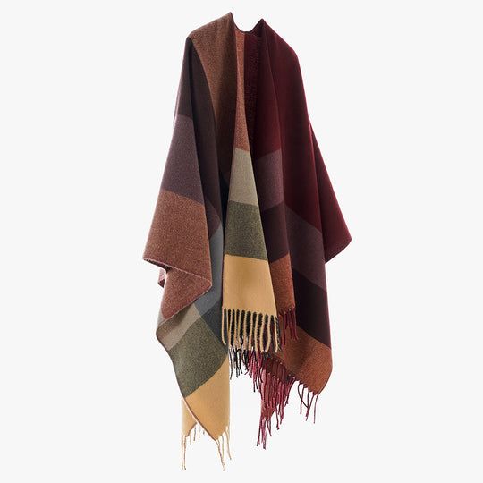Damen Weit geschnittener Karierter Poncho mit Fransen und V‑Ausschnitt Shop Nory
