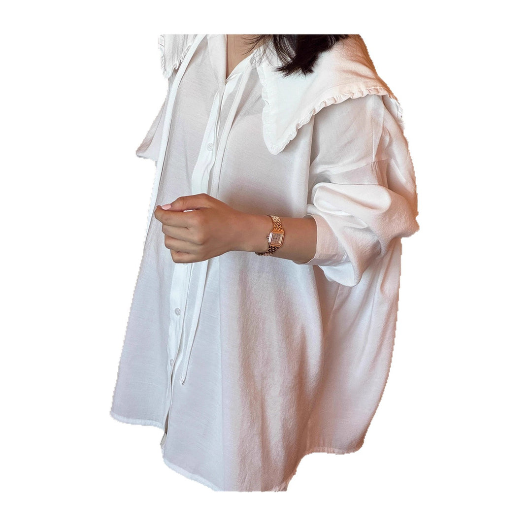 Damen Oversize-Hemdbluse mit großem Rüschenkragen und Krempelärmeln Shop Nory
